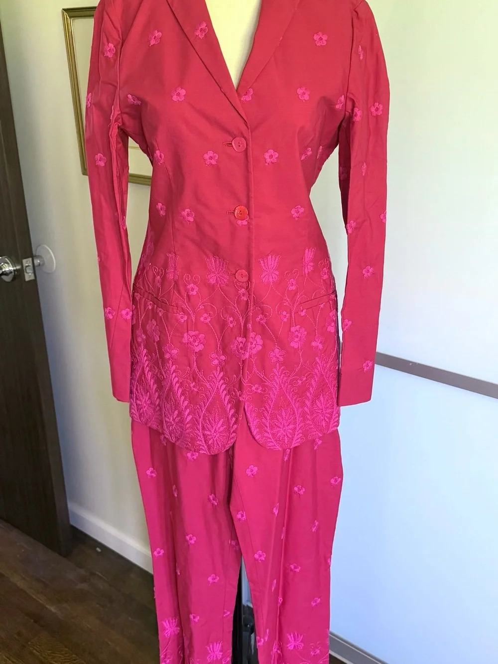 Vintage Romeo Gigli Magenta Floral Embroidered Blazer and Pants Coord Set  NWT